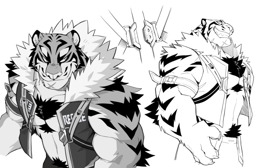 2019 anthro biceps chest_tuft claws clothing felid feline felis fur hi_res male mammal muscular muscular_male pantherine pecs scar takemoto_arashi tuft