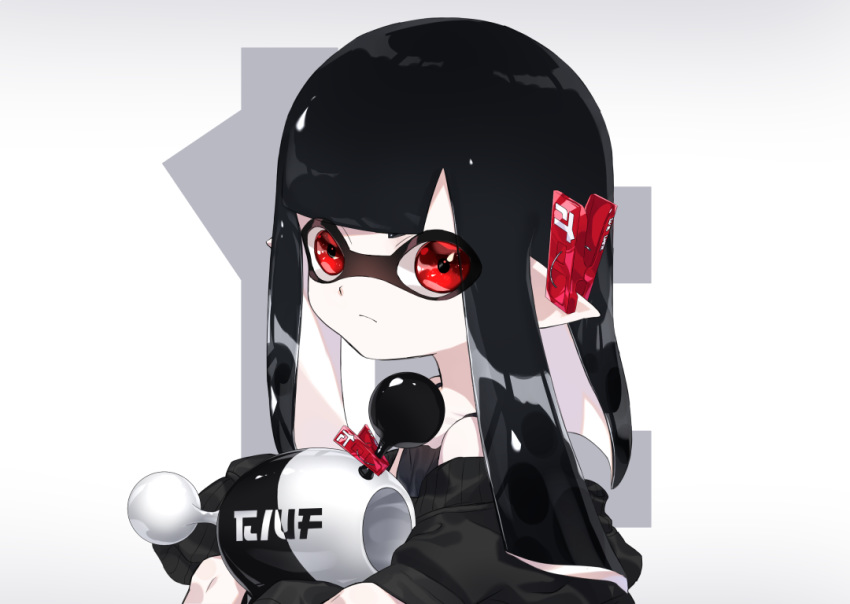 amatcha bangs black_hair black_shirt black_sweater blunt_bangs closed_mouth commentary domino_mask ear_clip eyes_visible_through_hair from_side frown grey_background holding holding_weapon inkling logo long_hair looking_at_viewer luna_blaster_(splatoon) mask off-shoulder_sweater off_shoulder pointy_ears portrait red_eyes shirt simple_background splatoon splatoon_(series) splatoon_2 sweater tank_top tentacle_hair weapon