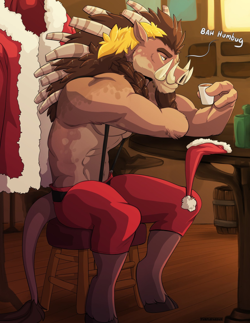 anthro beverage christmas clothed clothing fur hair hat hi_res holidays horn inside male mammal muscular muscular_male purplepardus santa_hat sitting solo suina