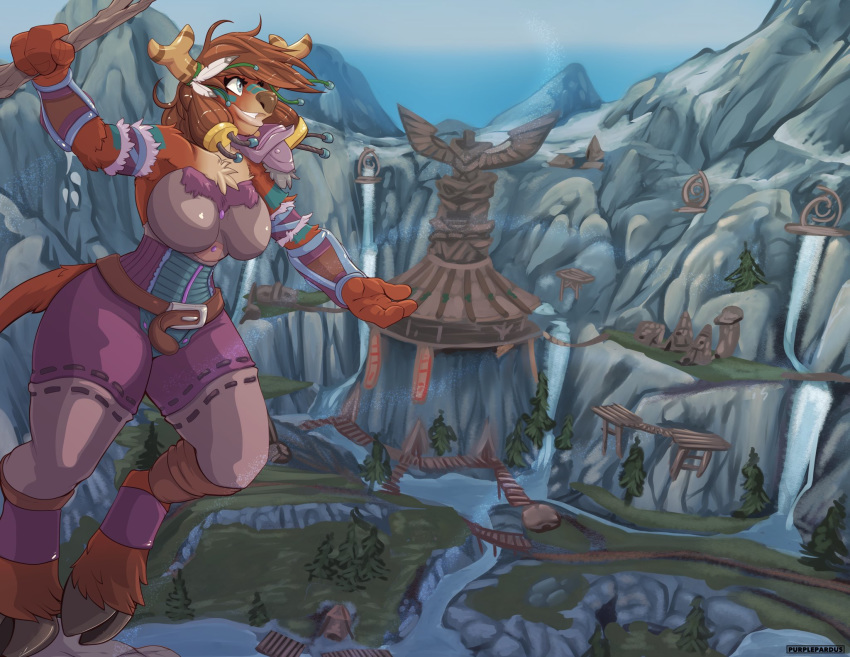 2019 anthro armor belt blizzard_entertainment bovid bovine clothed clothing female fur hair hi_res highmountain_tauren mammal outside purplepardus solo tauren thick_thighs video_games warcraft wide_hips