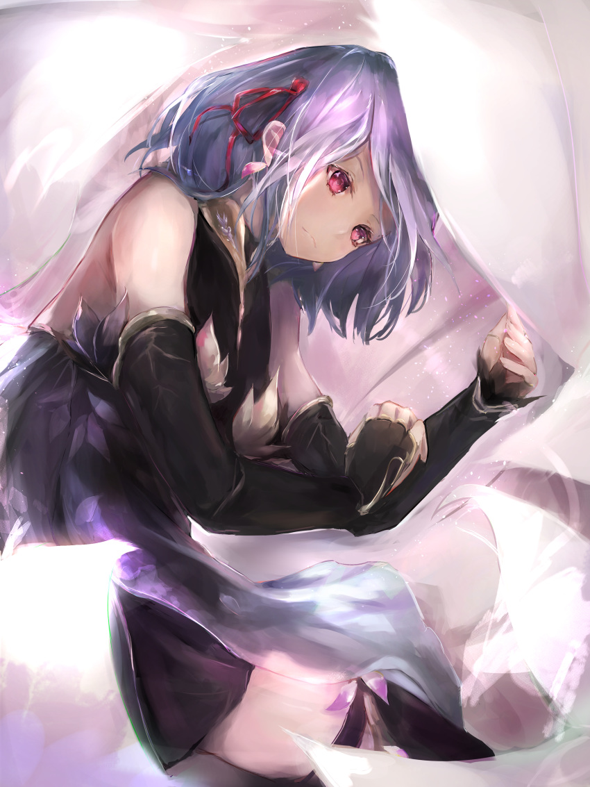 1girl absurdres bangs bare_shoulders black_dress black_legwear black_skirt black_sleeves closed_mouth commentary_request detached_sleeves dress fate/grand_order fate_(series) hair_ribbon hanagin highres kama_(fate/grand_order) long_sleeves looking_away lying on_side petals purple_hair red_eyes red_ribbon ribbon skirt sleeveless sleeveless_dress sleeves_past_wrists solo thighhighs