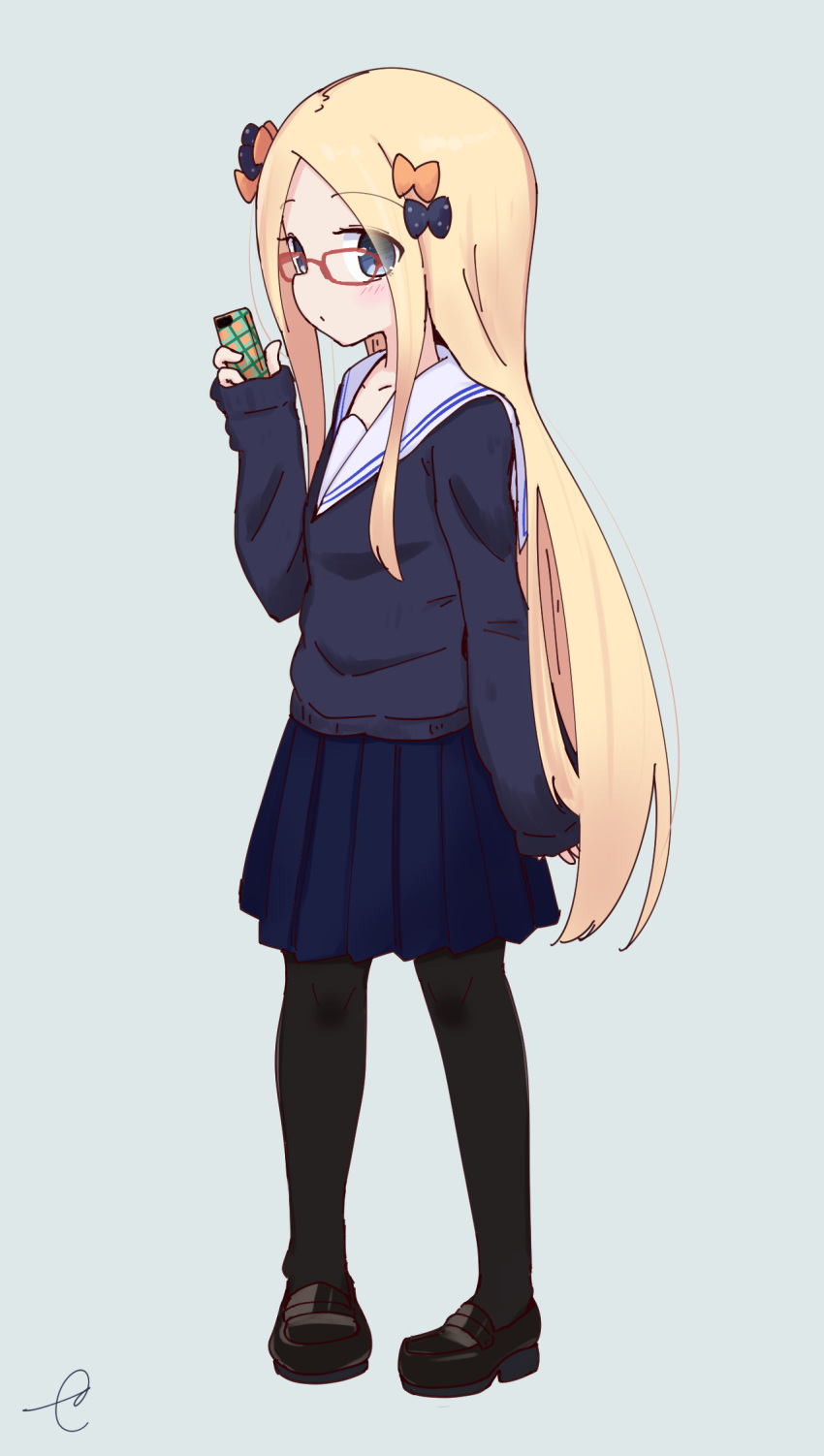 1girl abigail_williams_(fate/grand_order) alternate_costume bangs black_bow black_footwear black_legwear blonde_hair blue_background blue_eyes blue_shirt blue_skirt blush bow cellphone closed_mouth collarbone commentary_request eyebrows_visible_through_hair fate/grand_order fate_(series) forehead full_body glasses hair_bow highres holding holding_cellphone holding_phone kujou_karasuma loafers long_hair long_sleeves orange_bow pantyhose parted_bangs phone pleated_skirt polka_dot polka_dot_bow red-framed_eyewear sailor_collar school_uniform serafuku shirt shoes signature simple_background skirt sleeves_past_wrists solo standing very_long_hair white_sailor_collar