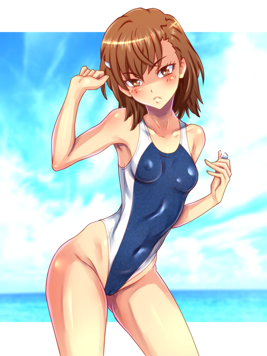 1girl bangs blush border breasts brown_eyes brown_hair closed_mouth coin collarbone competition_swimsuit covered_navel cowboy_shot erect_nipples eyebrows_visible_through_hair gluteal_fold highleg highleg_swimsuit highres looking_at_viewer misaka_mikoto nike_(0306) one-piece_swimsuit short_hair small_breasts solo standing swimsuit to_aru_kagaku_no_railgun to_aru_majutsu_no_index white_border