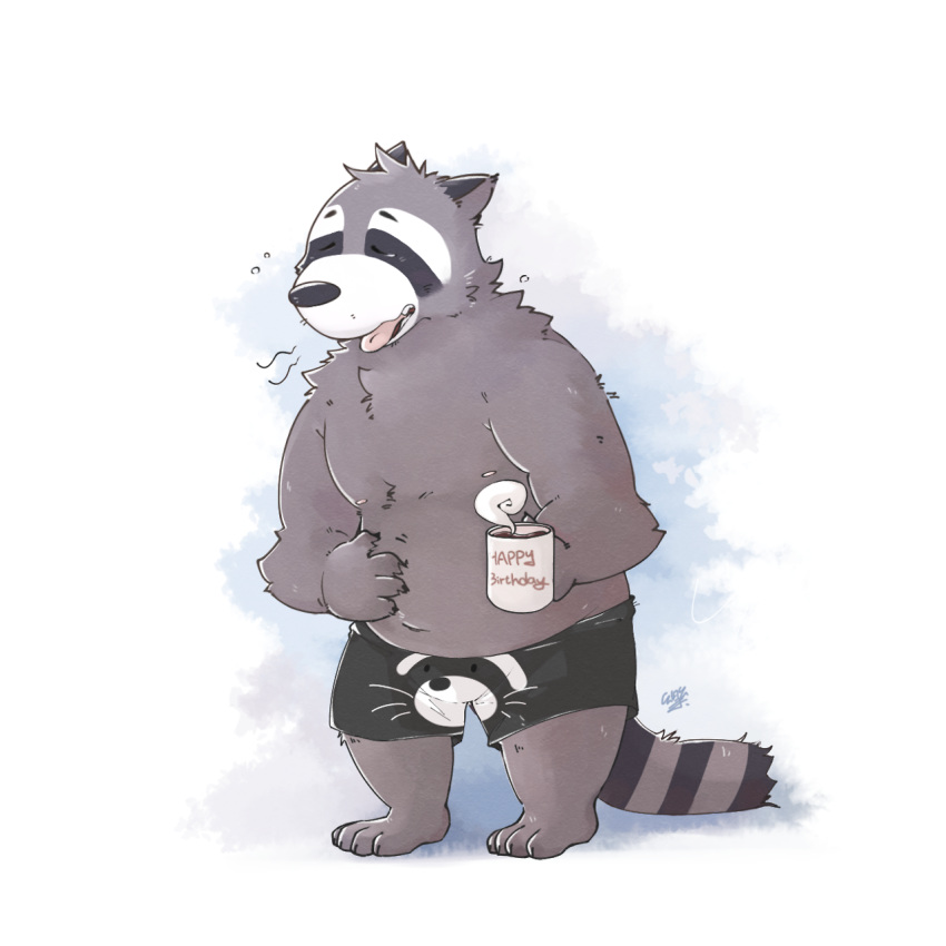 2017 anthro belly beverage clothing coffee english_text eyes_closed hi_res male mammal moobs nele_chung nipples procyonid raccoon slightly_chubby solo text tired tongue tongue_out underwear