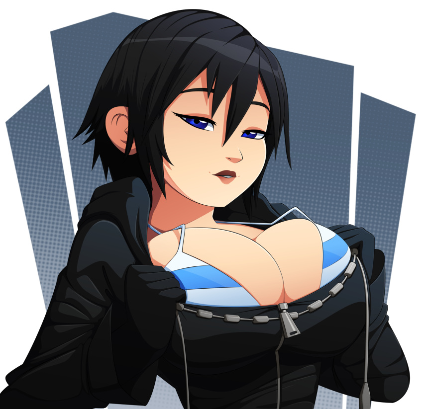 1girl bikini bikini_top bikini_under_clothes black_hair blue_eyes breasts bursting_breasts cleavage coat female gloves highres huge_breasts kingdom_hearts kingdom_hearts_iii lips purple_eyes ravenravenraven short_hair solo swimsuit swimsuit_under_clothes xion_(kingdom_hearts)