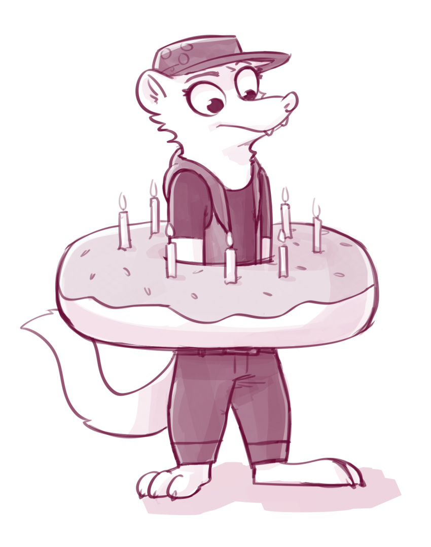 2018 anthro barefoot candle cheek_tuft claws clothed clothing cute_fangs doughnut female food fuel_(artist) hat hi_res mammal monochrome mustela mustelid musteline purple_theme sherry_(antlerweasel) simple_background solo standing toe_claws tuft white_background