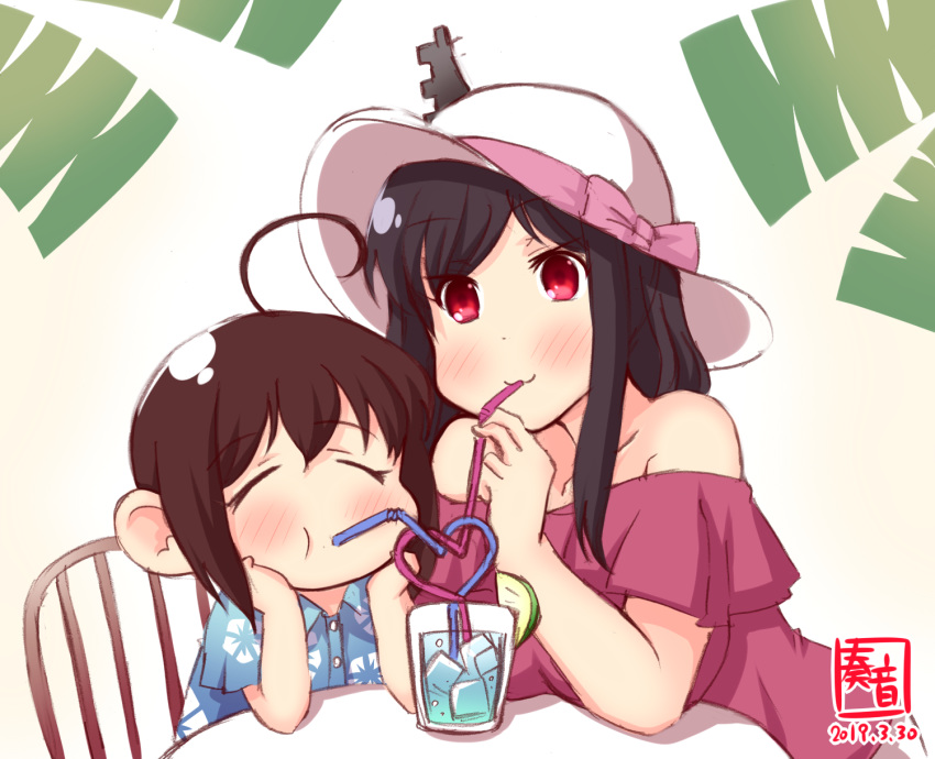 2girls ahoge alternate_costume artist_logo bangs bare_shoulders black_hair child collarbone crazy_straw cup dated dress drinking drinking_glass drinking_straw eyes_closed food fruit glass hair_ornament hat hawaiian_shirt head_rest heart_straw highres ice ice_cube kanon_(kurogane_knights) kantai_collection lime_(fruit) multiple_girls red_eyes shared_drink shigure_(kantai_collection) shirt short_hair short_sleeves sidelocks signature sitting smile strapless strapless_dress sun_hat white_headwear yamashiro_(kantai_collection) younger