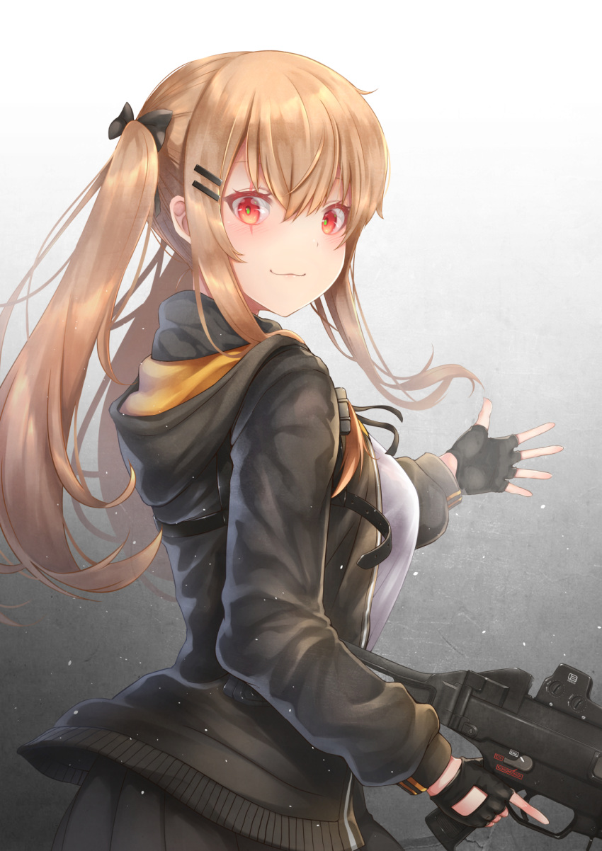 1girl bangs black_gloves blush breasts brown_eyes brown_hair eyebrows_visible_through_hair fingerless_gloves girls_frontline gloves gun h&amp;k_ump9 hair_between_eyes hair_ornament hairclip hand_up heckler_&amp;_koch highres holding holding_gun holding_weapon hood hood_down hooded_jacket jacket long_hair looking_at_viewer pantyhose red_eyes ribbon scar scar_across_eye shirt skirt smile submachine_gun twintails ump9_(girls_frontline) weapon yaosera