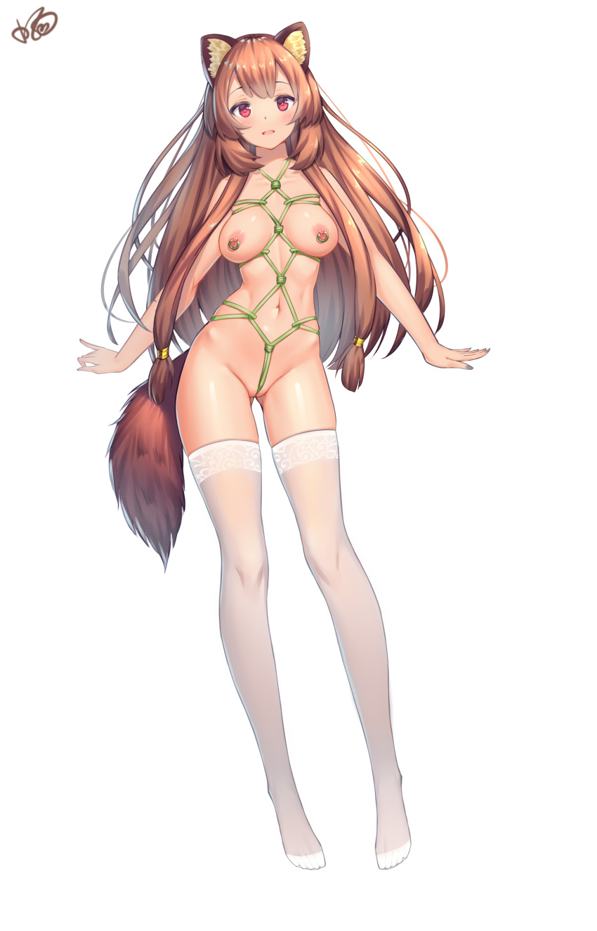 1girl absurdres animal_ear_fluff animal_ears bangs black_legwear black_nails blush breasts brown_hair collarbone eyebrows_visible_through_hair full_body gluteal_fold highres konishi_(565112307) long_hair looking_at_viewer medium_breasts nail_polish navel nipple_piercing nipple_rings nipples nude open_mouth piercing raccoon_ears raccoon_girl raccoon_tail raphtalia red_eyes rope shibari simple_background smile solo stomach tail tate_no_yuusha_no_nariagari thighhighs transparent_background very_long_hair white_legwear