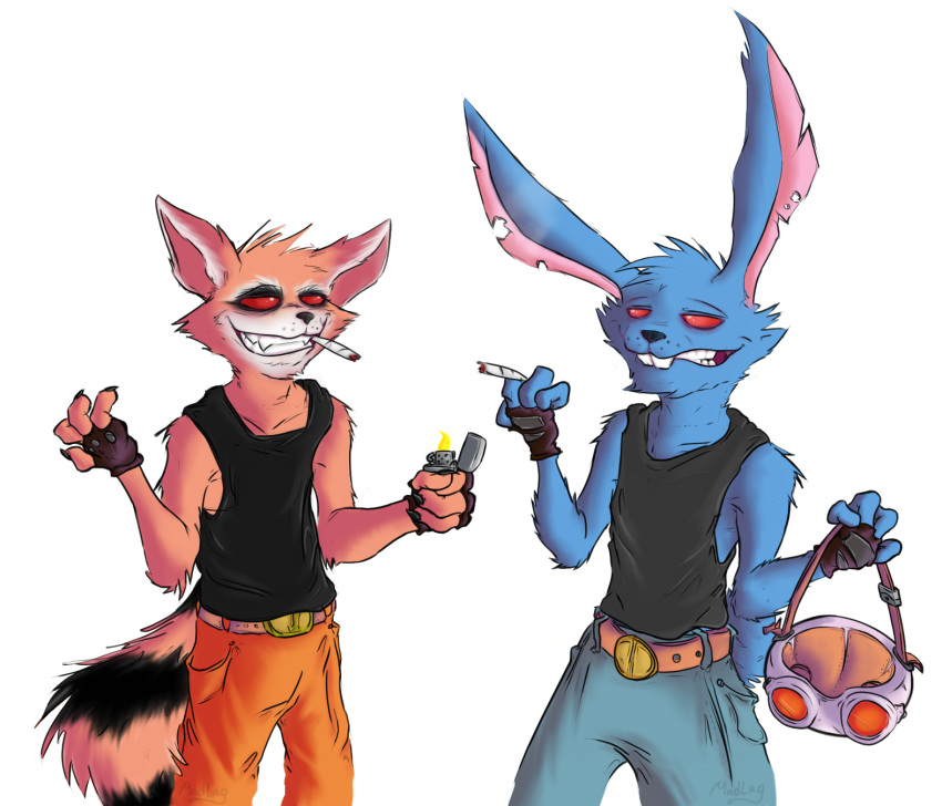 2019 3_fingers anthro armor belt blackjack_o'hare blue_fur buckteeth claws clothed clothing damaged digital_drawing_(artwork) digital_media_(artwork) drugs duo eyewear fangs fingerless_gloves front_view fur gloves grin guardians_of_the_galaxy helmet hi_res lagomorph leporid lighter long_ears long_tail madlag male male/male mammal marijuana marvel procyonid rabbit raccoon red_eyes rocket_raccoon sharp_teeth shirt signature sleeveless smile smoke smoking standing tank_top teeth