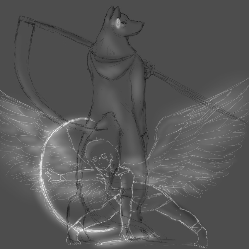 2019 absurd_res angel anthro arrow bow_(weapon) breasts canid canine canis clothed clothing digital_media_(artwork) doggo:3 duo feathered_wings feathers female fluffy fur glowing hair hi_res holding_object holding_weapon humanoid looking_at_viewer male male/female mammal meghan(angel!meghan) melee_weapon mike(reaper!mike) not_furry pointy_ears polearm ranged_weapon reaper_(disambiguation) scythe weapon wings wolf