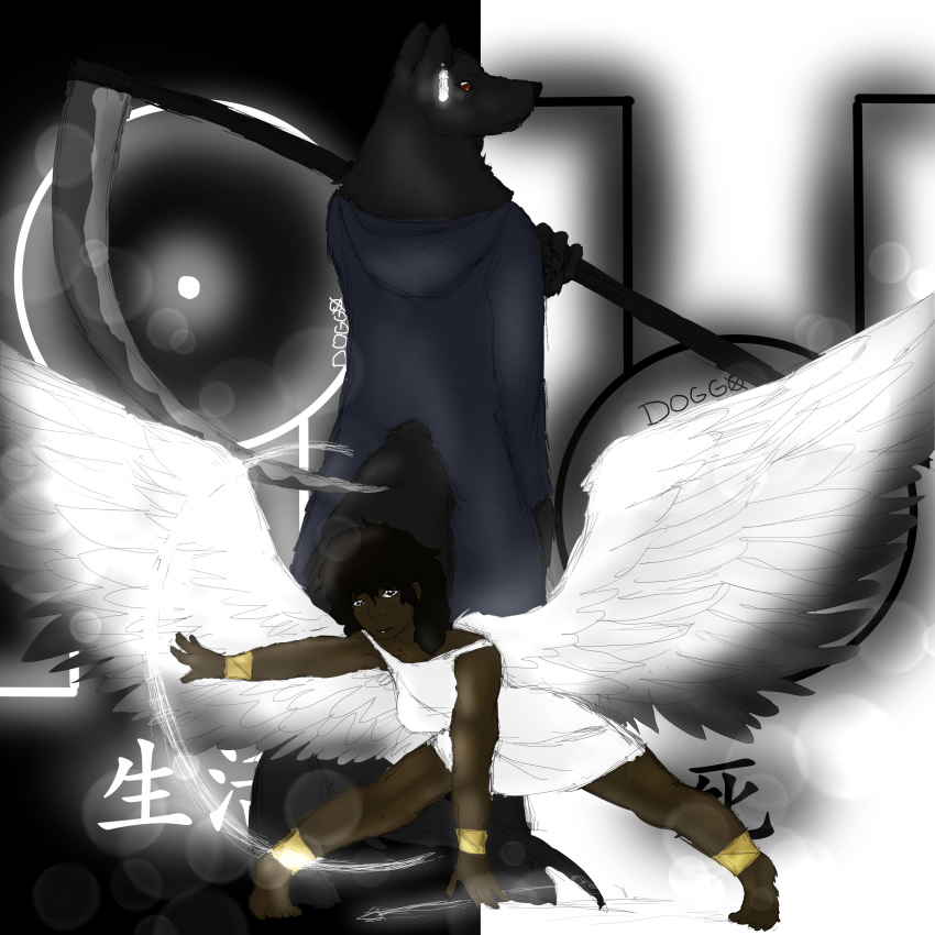 2019 absurd_res angel anthro arrow bow_(weapon) breasts canid canine canis clothed clothing digital_media_(artwork) doggo:3 duo feathered_wings feathers female fluffy fur glowing hair hi_res holding_object holding_weapon humanoid looking_at_viewer mammal meghan(angel!meghan) melee_weapon mike(reaper!mike) paws polearm ranged_weapon reaper_(disambiguation) scythe standing weapon wings