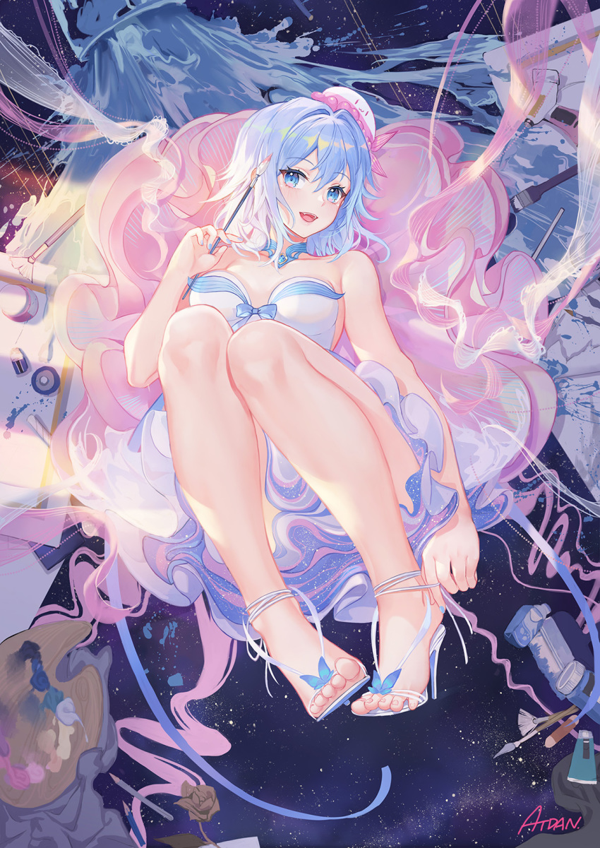 1girl :d artist_name atdan bare_arms bare_legs bare_shoulders blue_bow blue_eyes blue_hair blue_nails blush bow breasts collarbone commentary dress feet full_body haiyi hand_up hat highres holding jellyfish jewelry knees_up large_breasts long_hair looking_at_viewer nail_polish necklace open_mouth paintbrush palette paper pen pencil sandals sidelocks smile solo star_(sky) synthesizer_v thighs toes white_dress white_footwear