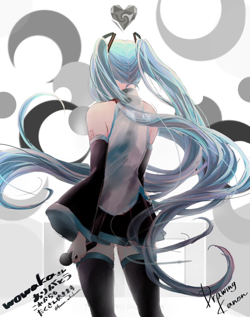 1girl aqua_hair bare_shoulders cowboy_shot detached_sleeves drawing_kanon from_behind greyscale hair_ornament hatsune_miku highres holding holding_microphone long_hair microphone monochrome rolling_girl_(vocaloid) shirt shoulder_tattoo signature skirt sleeveless sleeveless_shirt solo tattoo thighhighs twintails twitter_username unknown_mother_goose_(vocaloid) very_long_hair vocaloid world's_end_dancehall_(vocaloid) zettai_ryouiki