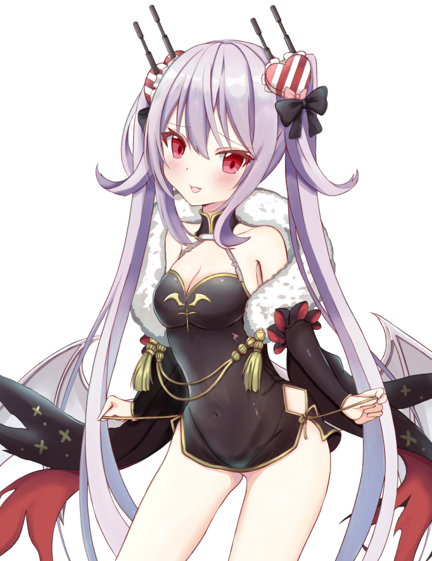 1girl :d azur_lane bangs bare_shoulders black_bow black_dress black_sleeves blush bow breasts charite cleavage collarbone commentary_request covered_navel detached_sleeves dress eyebrows_visible_through_hair fang fur_trim hair_between_eyes hair_bow hair_ornament heart heart_hair_ornament highres impossible_clothes impossible_dress long_hair long_sleeves looking_at_viewer open_mouth purple_hair red_eyes short_dress simple_background sleeveless sleeveless_dress small_breasts smile solo twintails untying vampire_(azur_lane) very_long_hair white_background