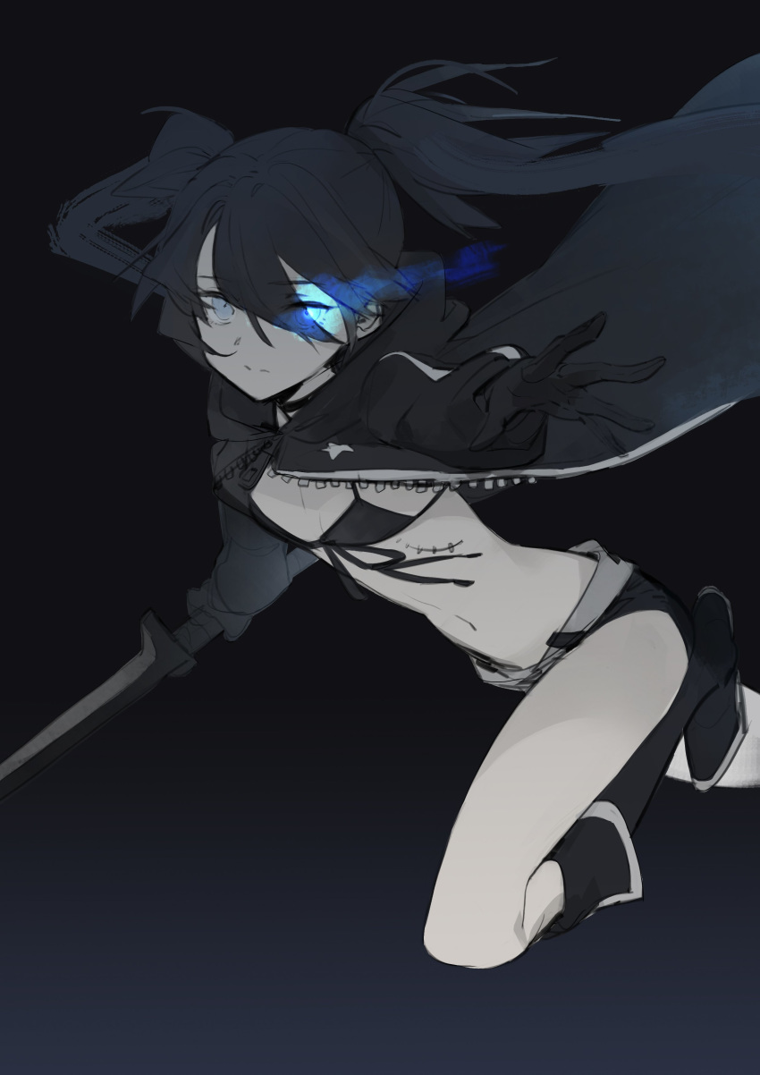 1girl absurdres bangs black_background black_hair black_rock_shooter black_rock_shooter_(character) blue_eyes boots burning_eye coat dokshuri eyebrows_visible_through_hair gloves glowing glowing_eye highres katana long_hair midriff pale_skin running scar short_shorts shorts solo sword twintails uneven_twintails weapon