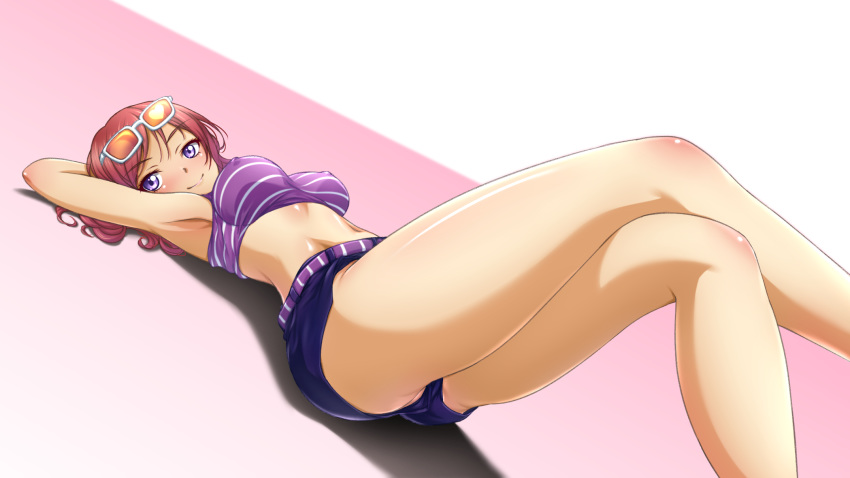 1girl armpits belt bikini breasts breasts_apart dutch_angle erect_nipples eyebrows_visible_through_hair eyewear_on_head highres legs legs_crossed love_live! love_live!_school_idol_project lying medium_breasts nishikino_maki no_panties on_back p-nekoe purple_bikini_top purple_eyes purple_shorts red_hair short_hair short_shorts shorts smile solo striped striped_bikini sunglasses swimsuit thighs