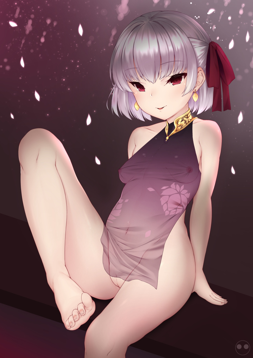 1girl absurdres arm_support bangs bare_legs bare_shoulders barefoot bottomless breasts chinese_clothes collarbone covered_navel dudou earrings erect_nipples eyebrows_visible_through_hair fate/grand_order fate_(series) gold hair_ribbon highres jewelry john_zerowb kama_(fate/grand_order) leg_up looking_at_viewer navel necklace nipples no_panties parted_lips petals purple_shirt pussy red_eyes red_ribbon ribbon see-through shirt silver_hair sitting small_breasts smile solo toes