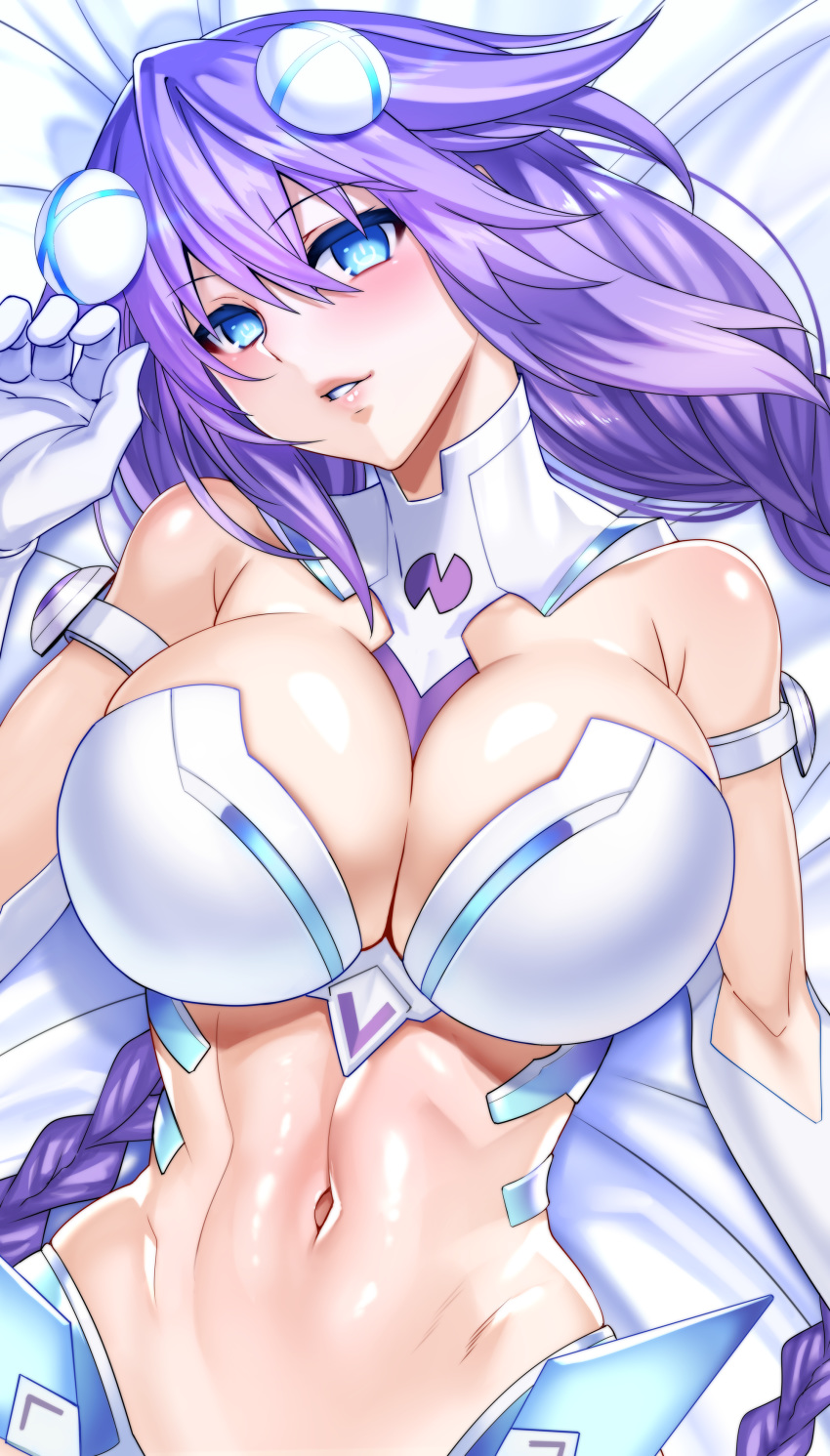 1girl absurdres armor bare_shoulders bed blue_eyes braid breasts choujigen_game_neptune cleavage elbow_gloves female gloves hair_ornament happy highres long_hair looking_at_viewer midriff navel neptune_(choujigen_game_neptune) neptune_(series) nyamota_(noraneko_koubou) on_bed open_mouth power_symbol purple_heart sidelocks solo symbol-shaped_pupils tied_hair twin_braids upper_body white_gloves