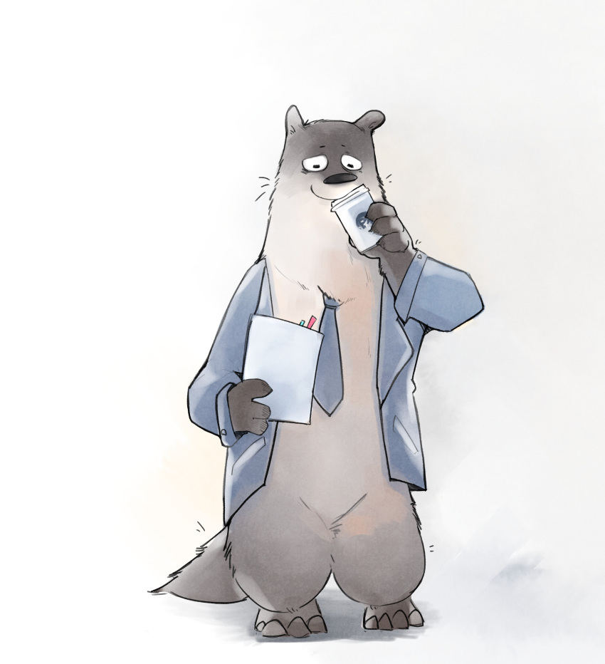 2019 absurd_res anthro beverage clothed clothing coffee hi_res humanoid_hands male mammal mustelid necktie nele_chung open_shirt shirt simple_background solo white_background