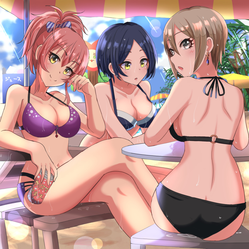 3girls ass back bangs bare_shoulders beach bikini black_bikini blue_bikini blue_hair blue_sky blush breasts brown_hair butt_crack can cleavage closed_mouth collarbone earrings eyelashes grey_eyes hair_between_eyes haruki_(haruki678) hayami_kanade highres idolmaster idolmaster_cinderella_girls jewelry jougasaki_mika large_breasts legs_crossed long_hair looking_at_viewer medium_breasts multiple_girls navel open_mouth parted_bangs pink_hair ponytail purple_bikini shiomi_shuuko short_hair sidelocks sitting sky smile soda_can sunlight swimsuit thighs yellow_eyes