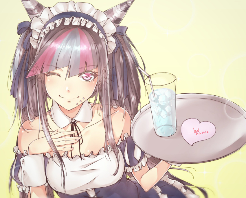 1girl black_hair black_ribbon blue_hair breasts collarbone commentary_request danganronpa dot_nose dress ear_piercing heart highres holding horns ice ice_cube lip_piercing long_hair looking_at_viewer maid maid_dress maid_headdress medium_breasts mioda_69ch mioda_ibuki multicolored_hair piercing pink_eyes pink_hair ribbon simple_background smile solo strapless strapless_dress super_danganronpa_2 white_hair wrist_cuffs yellow_background