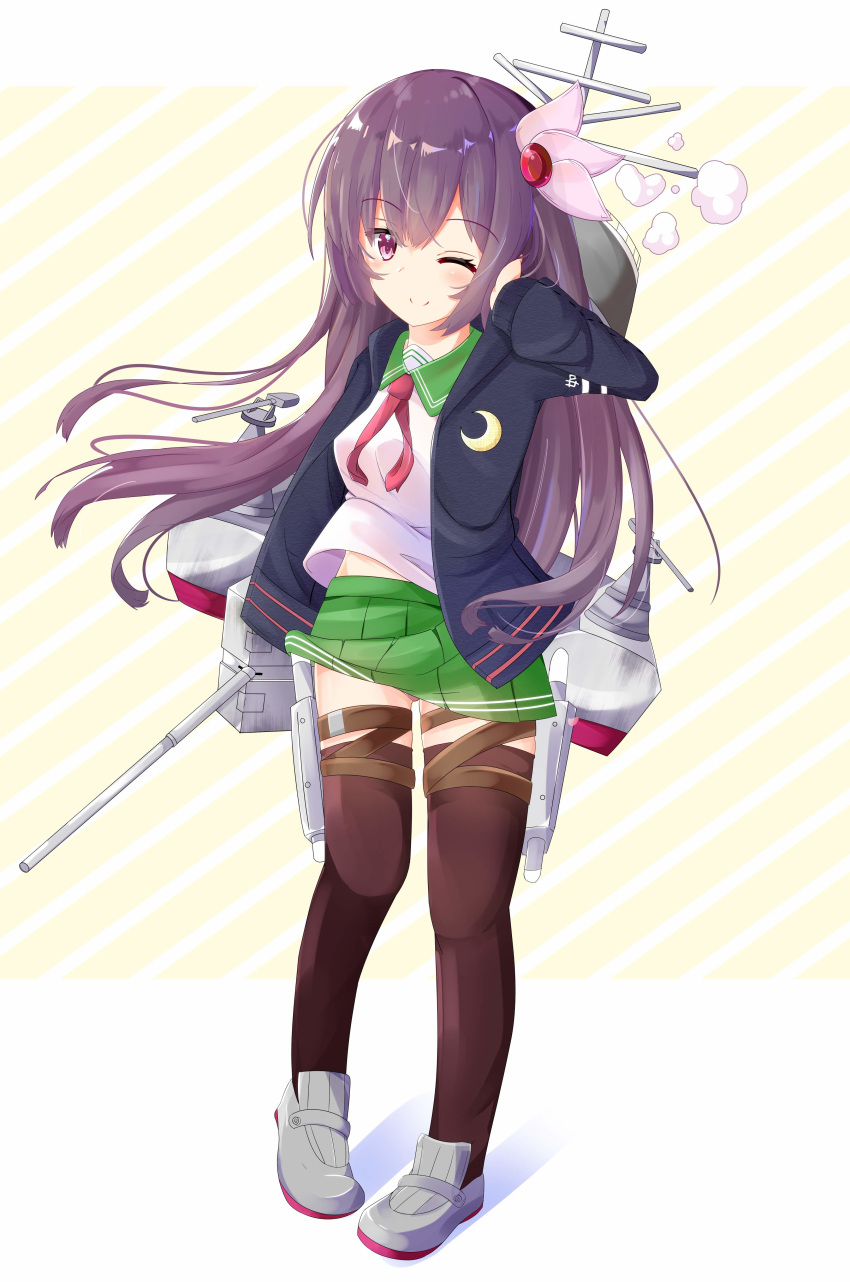 1girl ;) absurdres accidental_exposure bangs black_jacket blush brown_hair brown_legwear cannon closed_mouth commentary_request crescent crescent_moon_pin eyebrows_visible_through_hair full_body green_sailor_collar green_skirt grey_footwear hair_between_eyes hair_ornament hand_up highres jacket kantai_collection kisaragi_(kantai_collection) loafers long_hair machinery neckerchief nekoyanagi_(azelsynn) one_eye_closed open_clothes open_jacket panties pink_panties pleated_skirt red_eyes red_neckwear sailor_collar school_uniform serafuku shirt shoes skirt smile smoke solo standing thighhighs turret underwear very_long_hair white_shirt
