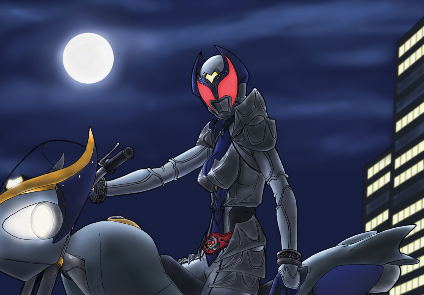 1girl armor belt bicycle breasts commentary ground_vehicle helmet highres kamen_rider kamen_rider_dcd kamen_rider_kivala medium_breasts moon moonlight night night_sky red_eyes sky solo solo_focus yuuyatails