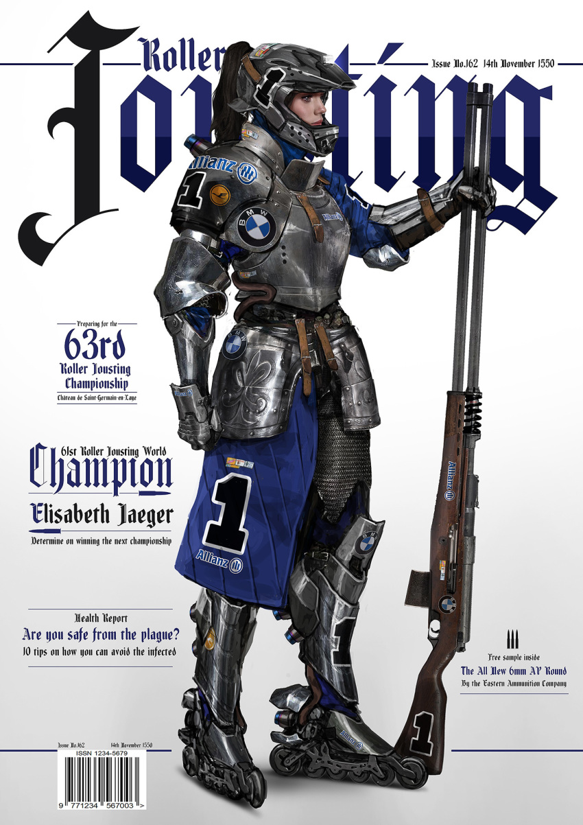 1girl allianz_arena armor black_hair bmw breastplate chainmail commentary concept_art cover elbow_pads english_commentary english_text fantasy faulds full_armor gauntlets greaves hair_through_headwear helmet highres inline_skates johnson_ting lips lufthansa magazine_cover medieval motocross nose original plate_armor ponytail realistic roller_skates single_spaulder skates solo sponsor urban_fantasy