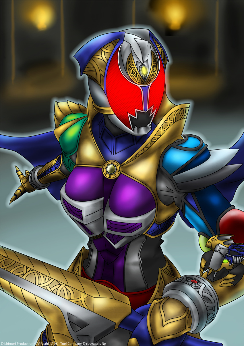 1girl armor belt breastplate breasts cape commentary gauntlets gloves glowing glowing_eyes helmet highres kamen_rider kamen_rider_dcd kamen_rider_kivala medium_breasts purple_cape red_eyes shoulder_armor solo solo_focus tagme what_if yuuyatails