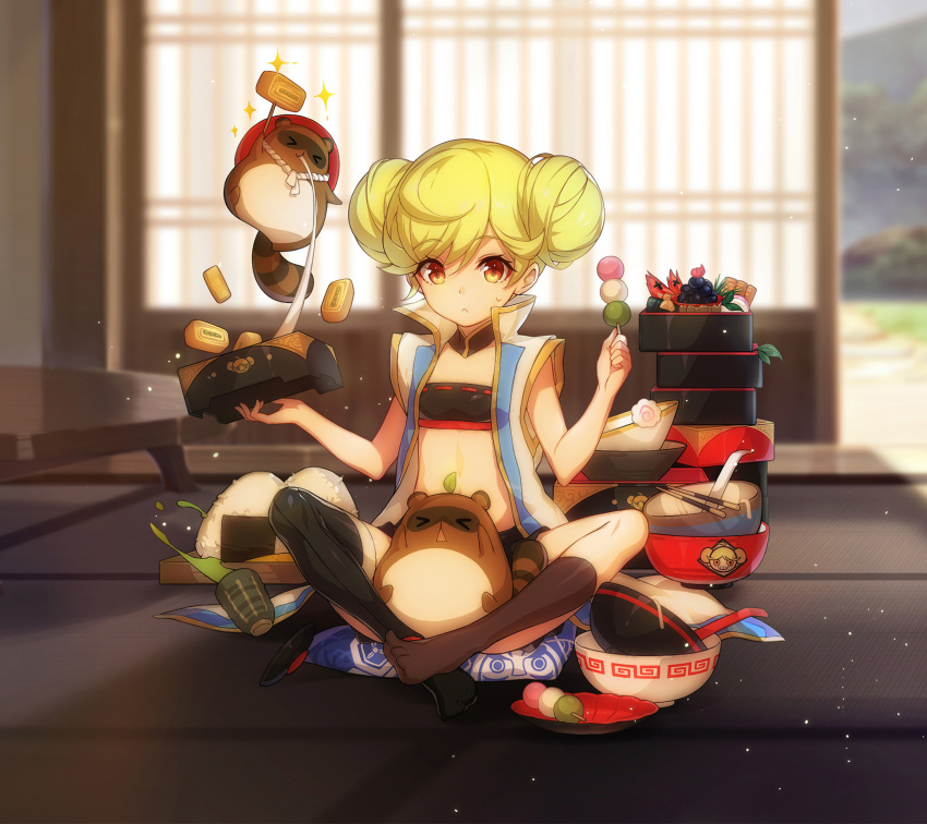 1girl :&lt; ai_chan asymmetrical_legwear bandeau bangs baozi black_legwear blue_sky blurry blurry_background bowl brown_eyes brown_legwear choker coat dango day double_bun eyebrows_visible_through_hair flat_chest food green_hair green_tea hair_ornament highres holding holding_food honkai_(series) honkai_impact_3 indian_style indoors light_particles long_hair looking_at_viewer naoe_kanetsugu_(honkai_impact) no_shoes obentou omelet open_clothes open_coat sidelocks single_sock single_thighhigh sitting sky sleeveless_coat socks spilling sweatdrop taku_no_shounen tamagoyaki tanuki tea thighhighs wagashi