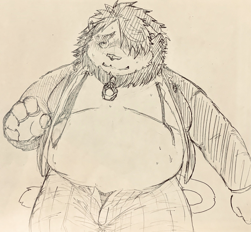 2019 anthro belly blush clothed clothing felid hi_res humanoid_hands kogiinu lion male mammal necktie open_shirt overweight overweight_male oz_(tas) pantherine pants shirt simple_background solo tokyo_afterschool_summoners video_games