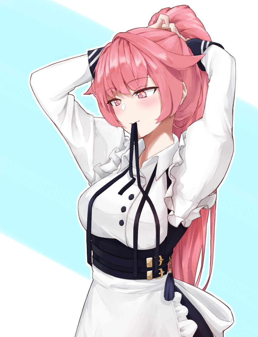 1girl alternate_costume alternate_hairstyle apron bangs blush breasts closed_mouth cowboy_shot dress eyebrows_visible_through_hair girls_frontline hair_tie_in_mouth highres holding holding_hair juliet_sleeves long_hair long_sleeves looking_down maid medium_breasts mouth_hold ntw-20_(girls_frontline) pink_eyes pink_hair ponytail puffy_sleeves sidelocks simple_background solo standing two-tone_background tying_hair umani_(eighth_norman) very_long_hair waist_apron