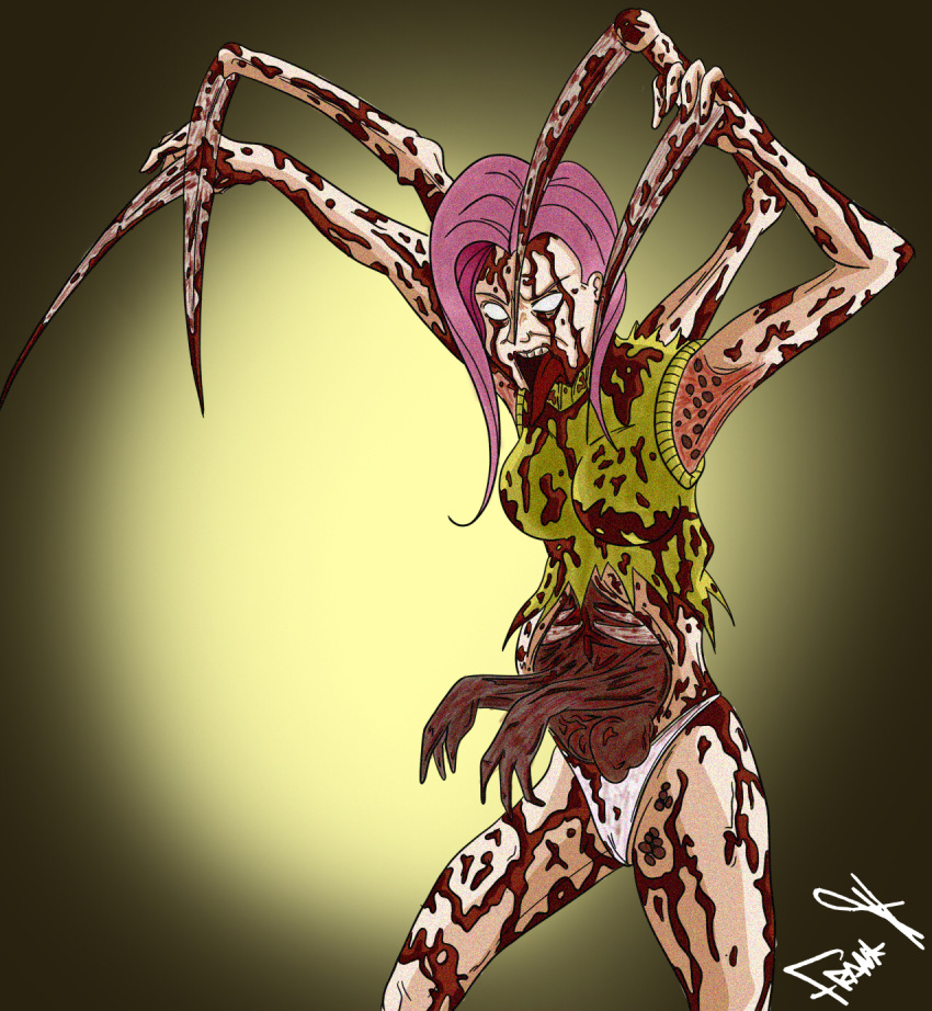 2012 alternate_species blades blood breasts clothing dead_space fluttershy_(mlp) frankaraya_(artist) friendship_is_magic gore guts hi_res human humanized intestines mammal monster my_little_pony necromorph nightmare_fuel not_furry tongue torn_clothing underwear video_games white_eyes