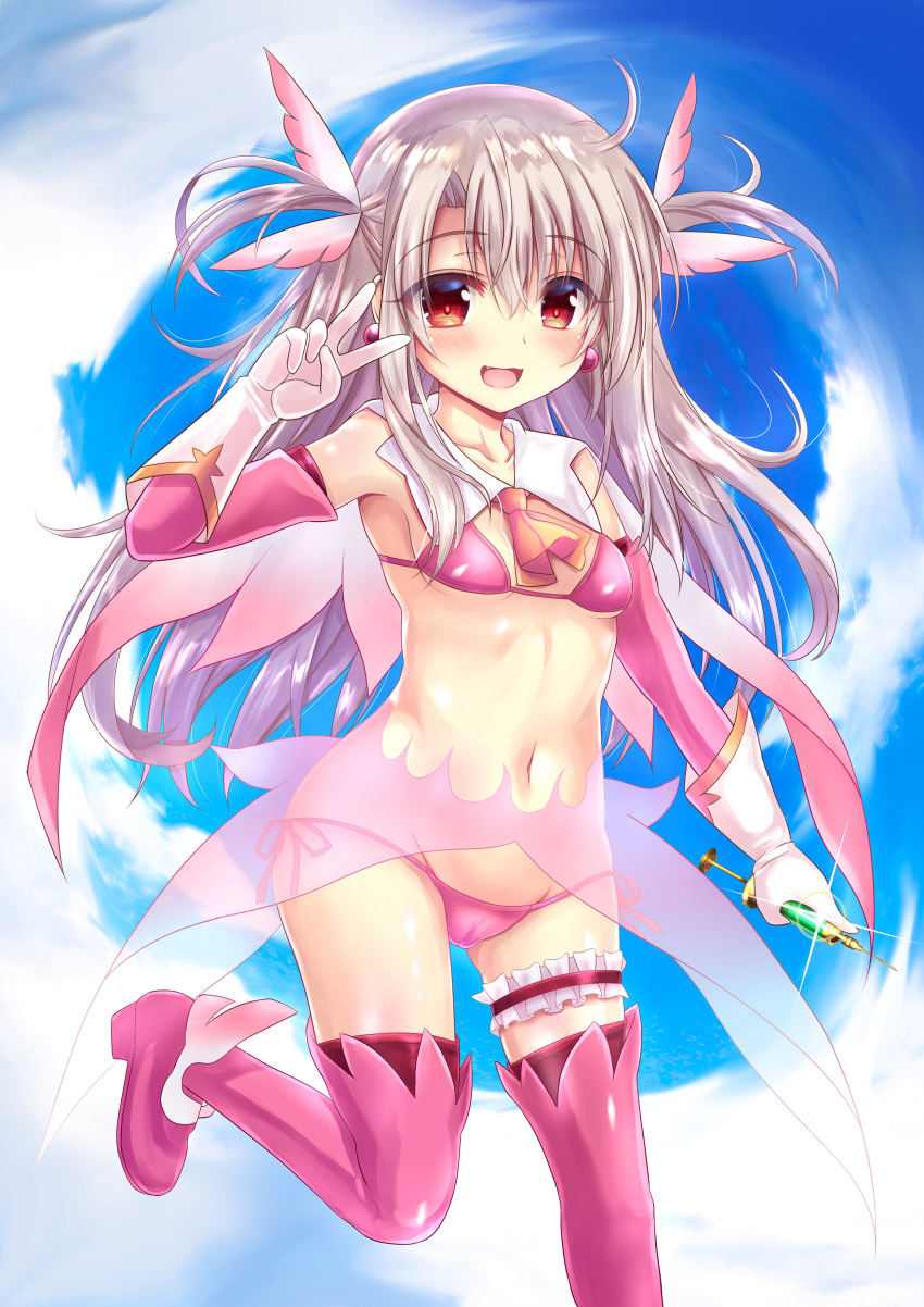 1girl :d absurdres armpits bangs bikini blue_sky blush boots breasts brown_hair cameltoe cloud cloudy_sky collarbone commentary_request day detached_sleeves earrings elbow_gloves eyebrows_visible_through_hair eyes_visible_through_hair fang fate/kaleid_liner_prisma_illya fate_(series) feathers glint gloves groin hair_between_eyes hair_feathers highres holding holding_syringe illyasviel_von_einzbern jewelry leg_garter long_hair long_sleeves looking_at_viewer navel nipples open_mouth outdoors pink_bikini pink_feathers pink_footwear pink_legwear pink_sleeves prisma_illya red_eyes see-through shaian side-tie_bikini sky small_breasts smile solo standing standing_on_one_leg swimsuit syringe thigh_boots thighhighs two_side_up v very_long_hair white_gloves