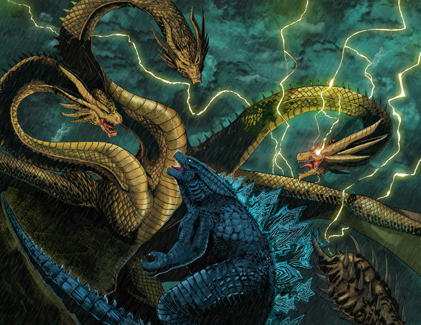 battle christianwillett claws cloud cloudy_sky dragon dragon_horns dragon_wings duel electricity fangs fighting glowing glowing_eyes godzilla godzilla:_king_of_the_monsters godzilla_(2014) godzilla_(series) highres horns kaijuu king_ghidorah king_ghidorah_(godzilla:_king_of_the_monsters) lighting monster multiple_heads no_humans open_mouth rain red_eyes scales sharp_teeth sky tail teeth wings