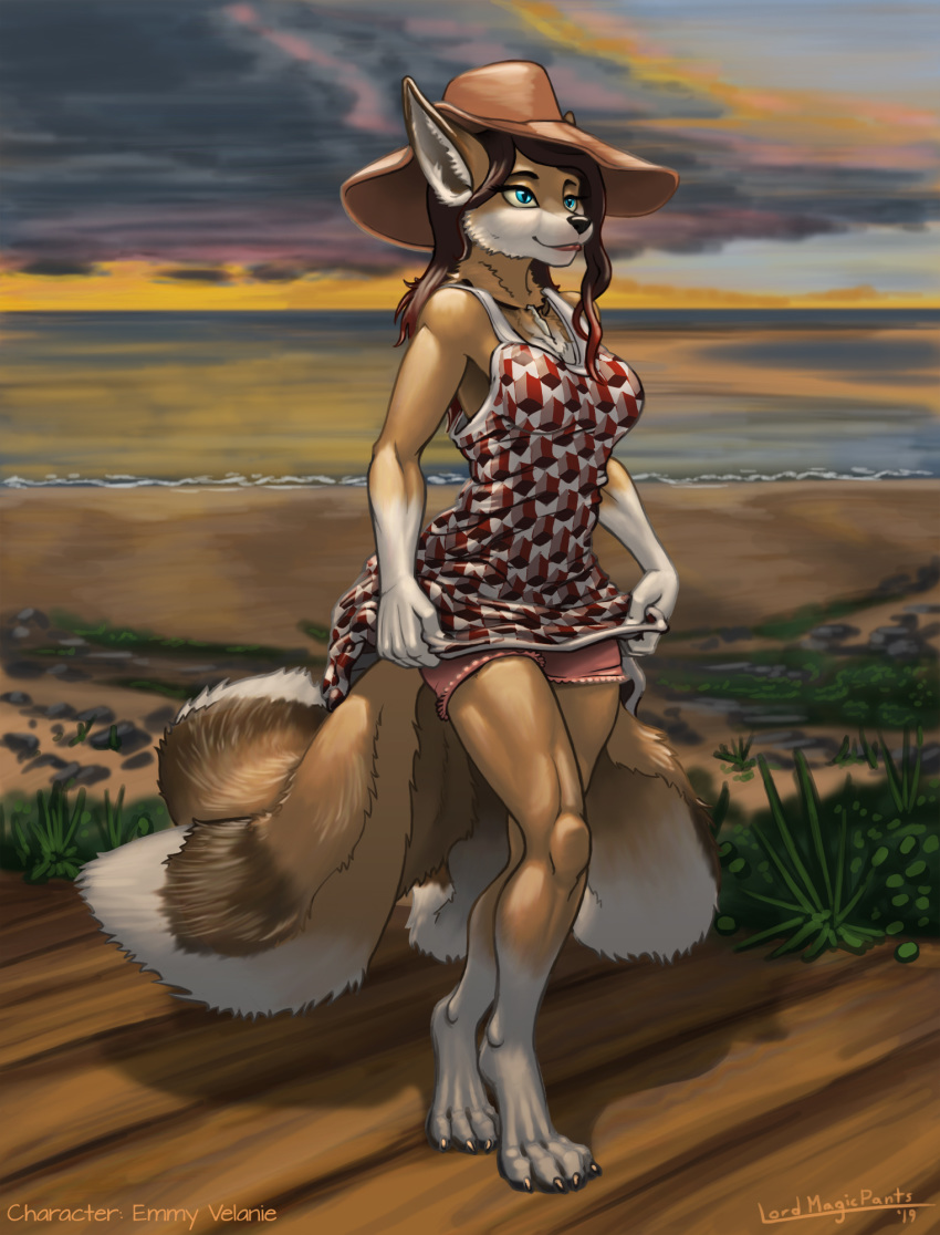 anthro beach blue_eyes canid canine claws clothed clothing digitigrade dipstick_tail dress emmy_velanie female fox gloves_(marking) hair hat hi_res horizon jewelry long_hair lord_magicpants mammal markings multi_tail multicolored_tail necklace outside sea seaside sky smile socks_(marking) solo standing toe_claws water