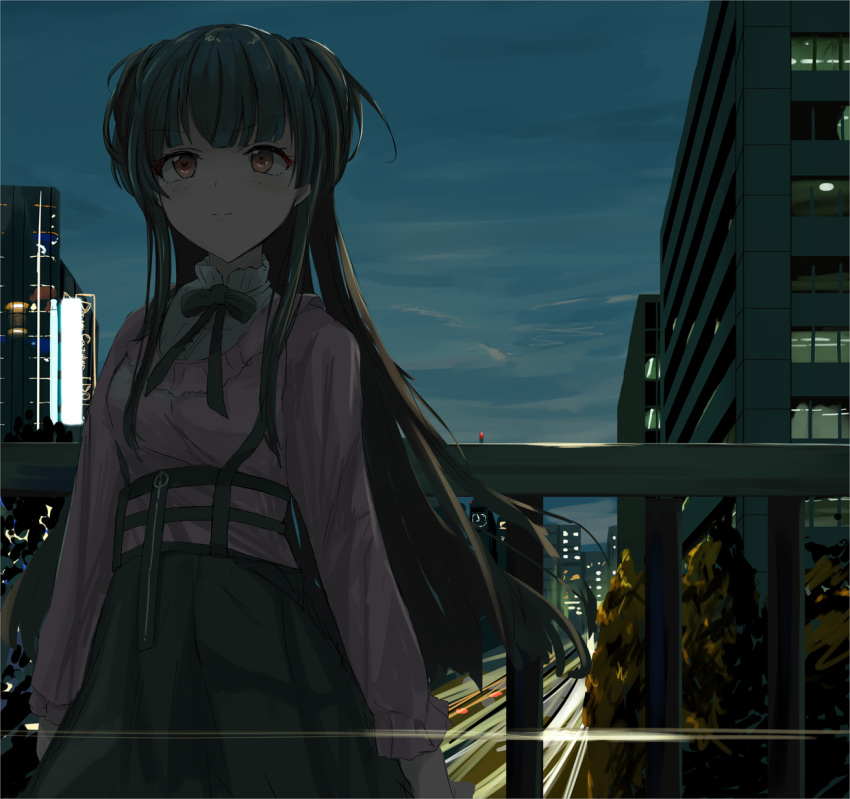 1girl bangs black_hair black_skirt blue_sky blush brown_eyes building closed_mouth cloud cloudy_sky commentary_request doran_(dorannomai) eyebrows_visible_through_hair highres idolmaster idolmaster_shiny_colors long_hair long_sleeves looking_away mayuzumi_fuyuko night night_sky outdoors pink_shirt railing road shirt skirt sky solo two_side_up very_long_hair window