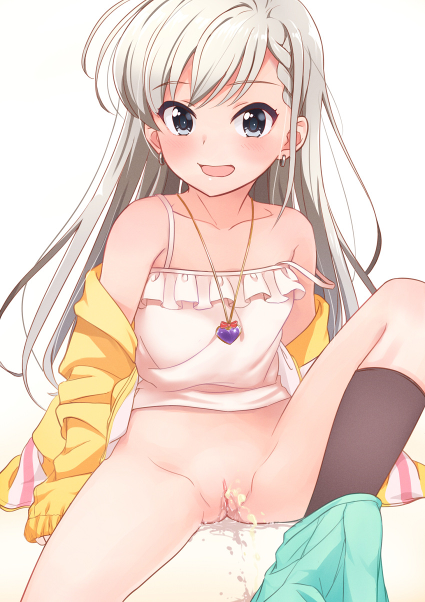 1girl :d black_legwear blush clitoris collarbone earrings eyebrows_visible_through_hair female hayyan highres hisakawa_hayate idolmaster idolmaster_cinderella_girls jacket jewelry knee_up long_hair looking_at_viewer necklace open_clothes open_mouth partially_visible_vulva peeing pleated_skirt pussy shirt simple_background sitting skirt skirt_around_one_leg smile solo uncensored white_background white_shirt
