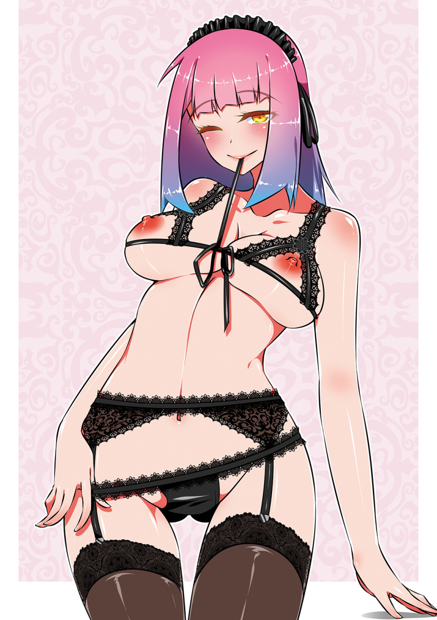 1girl black_bra black_legwear black_panties blue_hair bra breasts cleavage garter_belt gradient_hair highres large_breasts long_hair multicolored_hair mythless navel nipples one_eye_closed original panties pink_hair smile solo underwear yellow_eyes