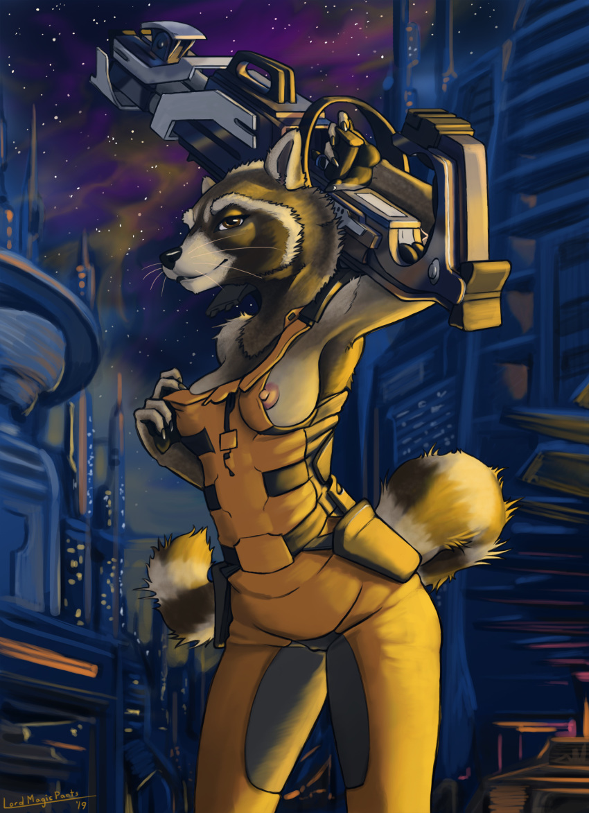 alien_planet anthro black_nose breasts brown_eyes city claws clothed clothing crossgender female guardians_of_the_galaxy gun hi_res holding_object jumpsuit lord_magicpants mammal marvel nipples partially_clothed pink_nipples procyonid raccoon ranged_weapon rocket_raccoon sky smile solo standing star starry_sky weapon whiskers