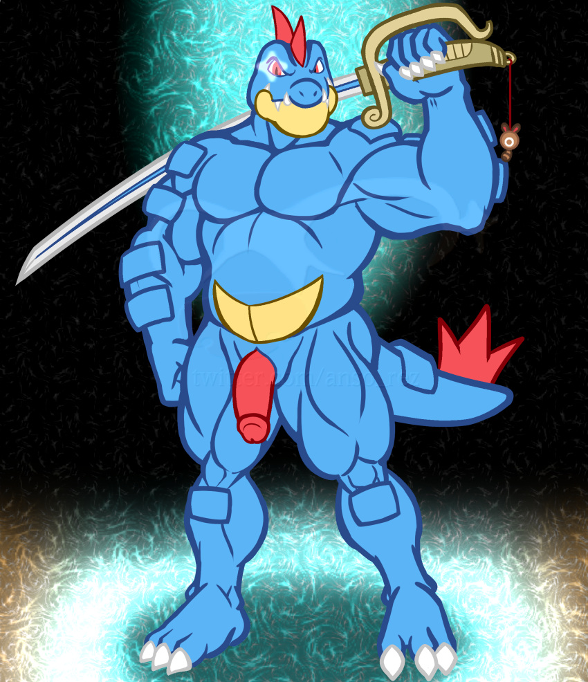 2019 absurd_res animal_genitalia anso/rez anthro barefoot biceps blue_scales charm claws crocodilian digital_media_(artwork) feraligatr flaccid genital_slit glint hi_res holding_object holding_weapon humanoid_penis lazor_gator lazorgatr looking_at_viewer male musclegut muscular muscular_male nintendo nude pecs penis pok&eacute;mon pok&eacute;mon_(species) raised_arm red_eyes reptile scales scalie slit solo standing teeth twitch_plays_pok&eacute;mon video_games weapon yellow_scales