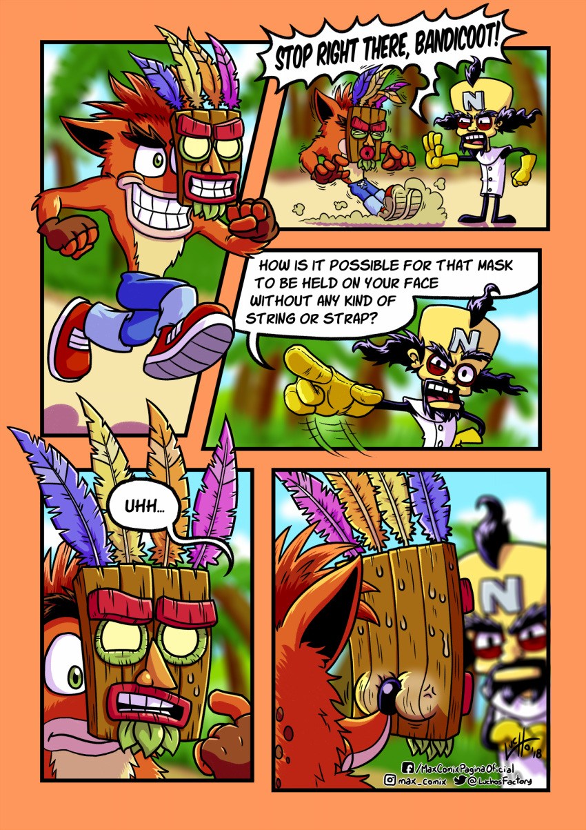 aku_aku anthro bandicoot butt clothing crash_bandicoot crash_bandicoot_(series) doctor_neo_cortex english_text feathers fur green_eyes hair hi_res human male mammal marsupial mask max_comix multicolored_feathers naughty_dog sony_corporation sony_interactive_entertainment text video_games wood