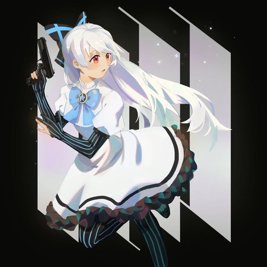 1girl araiyme black_background black_legwear blue_bow blue_stripes bow brooch dress elbow_gloves frilled_dress frills girls_frontline gloves grey_sky gun hair_bow handgun hands_up highres holding holding_gun holding_weapon jewelry juliet_sleeves long_hair long_sleeves looking_back open_mouth pantyhose partly_fingerless_gloves puffy_sleeves red_eyes running short_sleeves solo sparkle striped striped_bow striped_legwear tokarev_(girls_frontline) tokarev_tt-33 vertical-striped_gloves vertical-striped_legwear vertical_stripes very_long_hair weapon white_dress white_hair