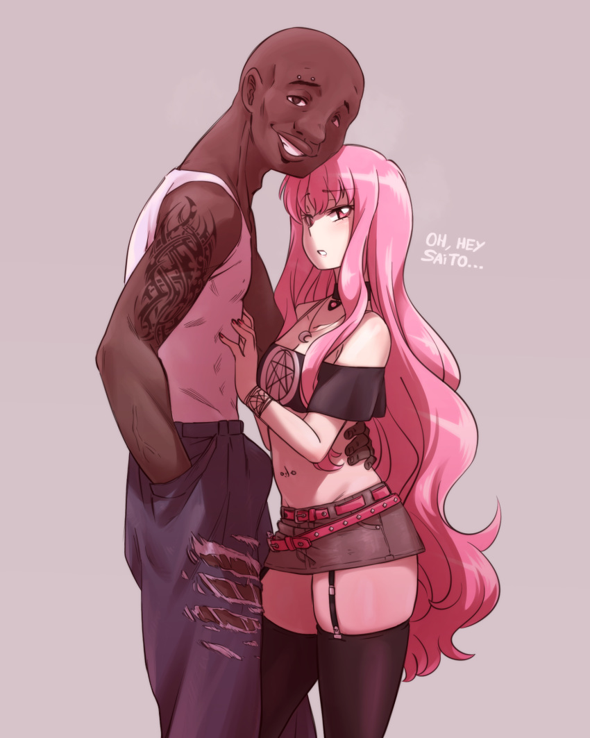 1boy 1girl bald belt blush breasts cheating choker cleavage dark_skin dark_skinned_male english_text erection expressionless garter_straps highres interracial jewelry karmaniac long_hair looking_at_viewer louise_francoise_le_blanc_de_la_valliere midriff miniskirt navel navel_piercing necklace netorare off-shoulder_shirt off_shoulder pants piercing pink_hair shirt skirt small_breasts smile smirk speech_bubble tattoo thighhighs torn_clothes torn_pants zero_no_tsukaima