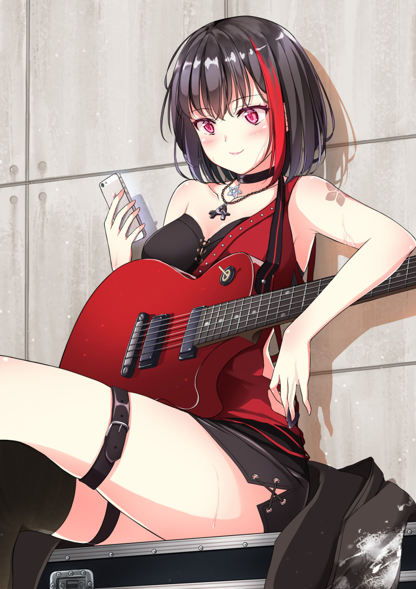 1girl armpits bang_dream! bangs bare_shoulders black_choker black_corset black_hair black_jacket black_shorts blush breasts cellphone choker commentary_request electric_guitar eyebrows_visible_through_hair guitar highres holding holding_phone instrument iphone jacket jacket_removed jewelry lips looking_at_phone medium_breasts mitake_ran multicolored_hair necklace phone plectrum red_eyes red_hair red_tank_top short_hair shorts single_bare_shoulder single_thighhigh sitting smartphone smile solo streaked_hair tachiuki_(756412) tattoo thigh_strap thighhighs torn_clothes