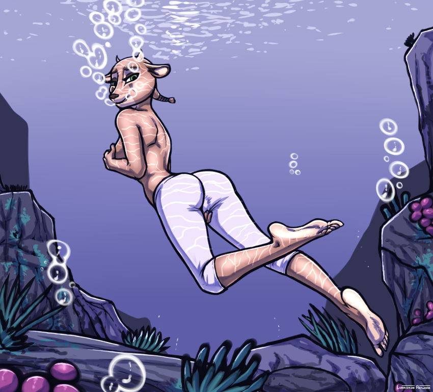 2019 5_toes absurd_res antelope anthro barefoot bovid bubble cinderella cinderella_3d clothing digital_media_(artwork) feet female fur gazelle half_clothed hi_res humanoid_feet looking_at_viewer luraiokun mammal soles solo toes underwater water