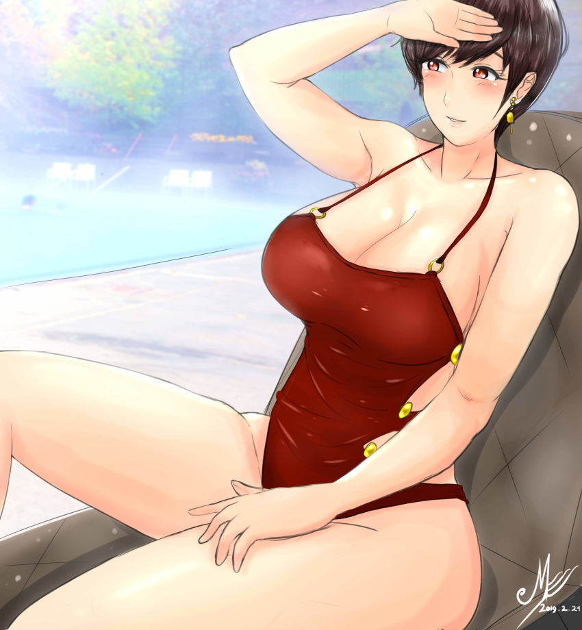 1girl absurdres bare_shoulders beach_chair blush breasts brown_eyes brown_hair cleavage earrings hand_on_forehead highres jewelry large_breasts lying meguri0n olive_laurentia original pixie_cut pool red_swimsuit short_hair sitting swimsuit thighs water