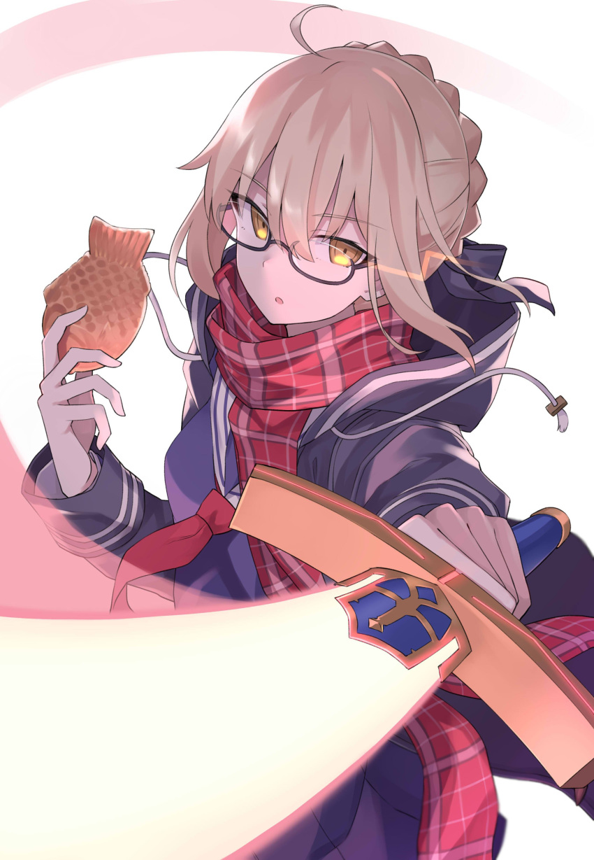 100 absurdres ahoge artoria_pendragon_(all) black-framed_eyewear blonde_hair coat dark_persona excalibur fate/grand_order fate_(series) food glasses hair_bun highres holding holding_sword holding_weapon hood hooded_jacket jacket mysterious_heroine_x_(alter) open_clothes open_coat plaid plaid_scarf red_scarf scarf school_uniform semi-rimless_eyewear sword taiyaki under-rim_eyewear wagashi weapon yellow_eyes