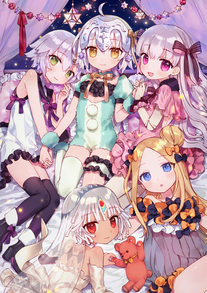 5girls :d abigail_williams_(fate/grand_order) absurdres ahoge altera_(fate) bangs bare_shoulders bed black_bow black_legwear blonde_hair blue_eyes bow canopy_bed commentary_request dark_skin doll_joints eyebrows_visible_through_hair eyes_visible_through_hair fate/grand_order fate_(series) frilled_pillow frills garters green_eyes hair_between_eyes hair_bow hair_bun hair_ribbon hand_holding headpiece high_heels highres interlocked_fingers jack_the_ripper_(fate/apocrypha) jeanne_d'arc_(fate)_(all) jeanne_d'arc_alter_santa_lily leg_garter long_hair lying multiple_girls nekoremon nursery_rhyme_(fate/extra) on_bed open_mouth orange_bow pillow pom_pom_(clothes) puffy_short_sleeves puffy_sleeves purple_eyes red_eyes ribbon see-through short_hair short_sleeves side_bun silver_hair sitting smile stuffed_animal stuffed_toy teddy_bear thighhighs white_legwear